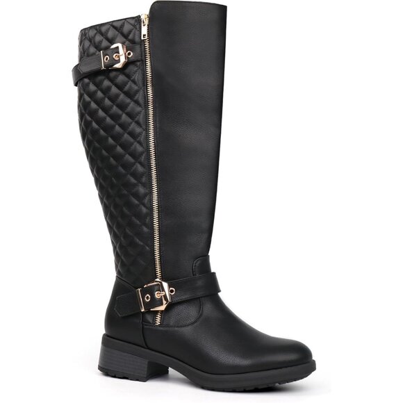 Women Extra Wide Calf Knee High Riding Black Boot Double Buckle Retro Chic Style - Picture 5 of 6